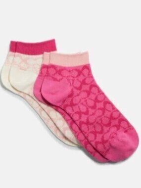 New Coach Set of Two Signature  Pink Chalk Ankle Socks Women's Shoe Size 5-10